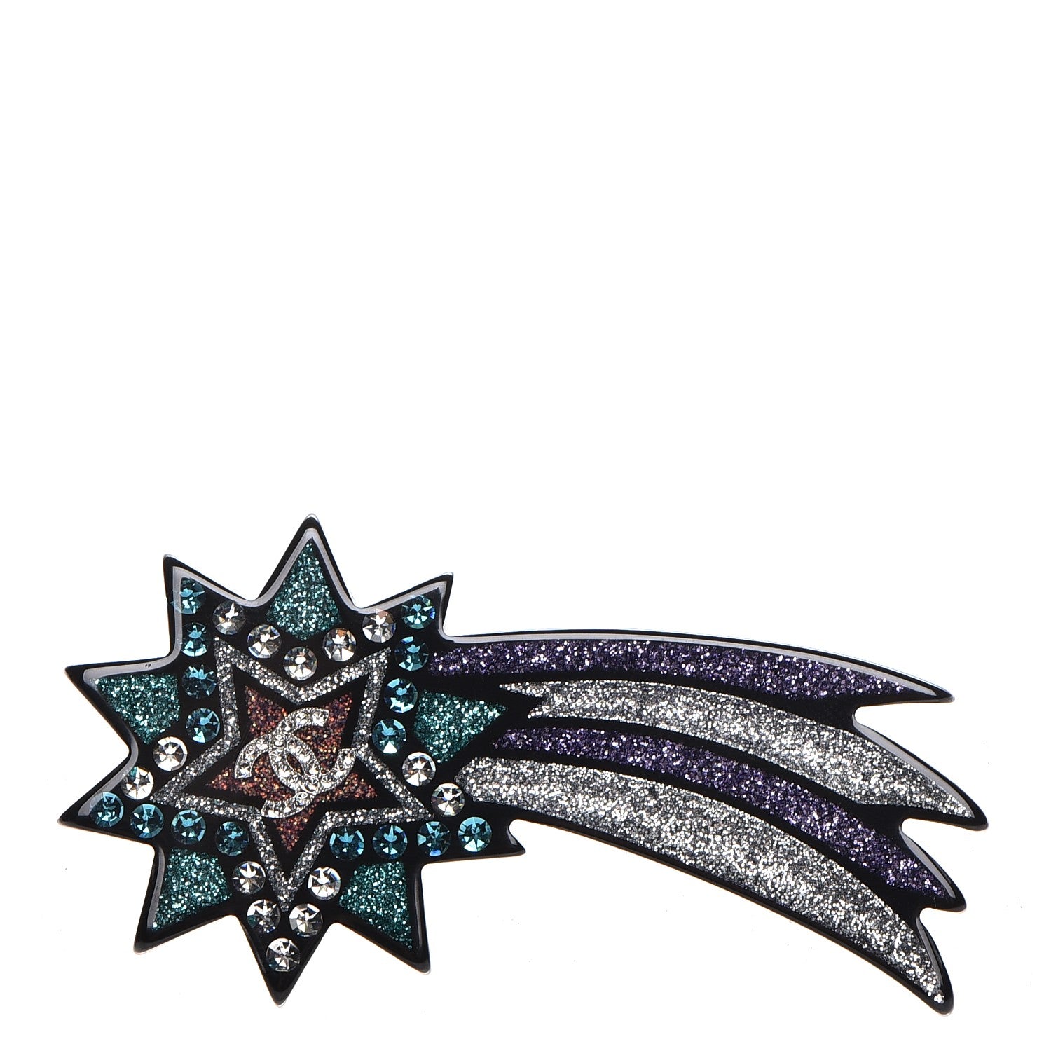 Chanel Glittered Resin Strass Shooting Star Brooch Silver Purple Green 1 of 5