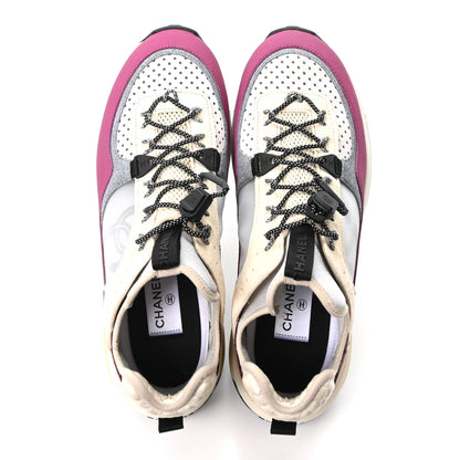 Chanel Fabric Suede Calfskin Mesh Womens CC Sneakers 41 Purple Ivory White 2 of 9