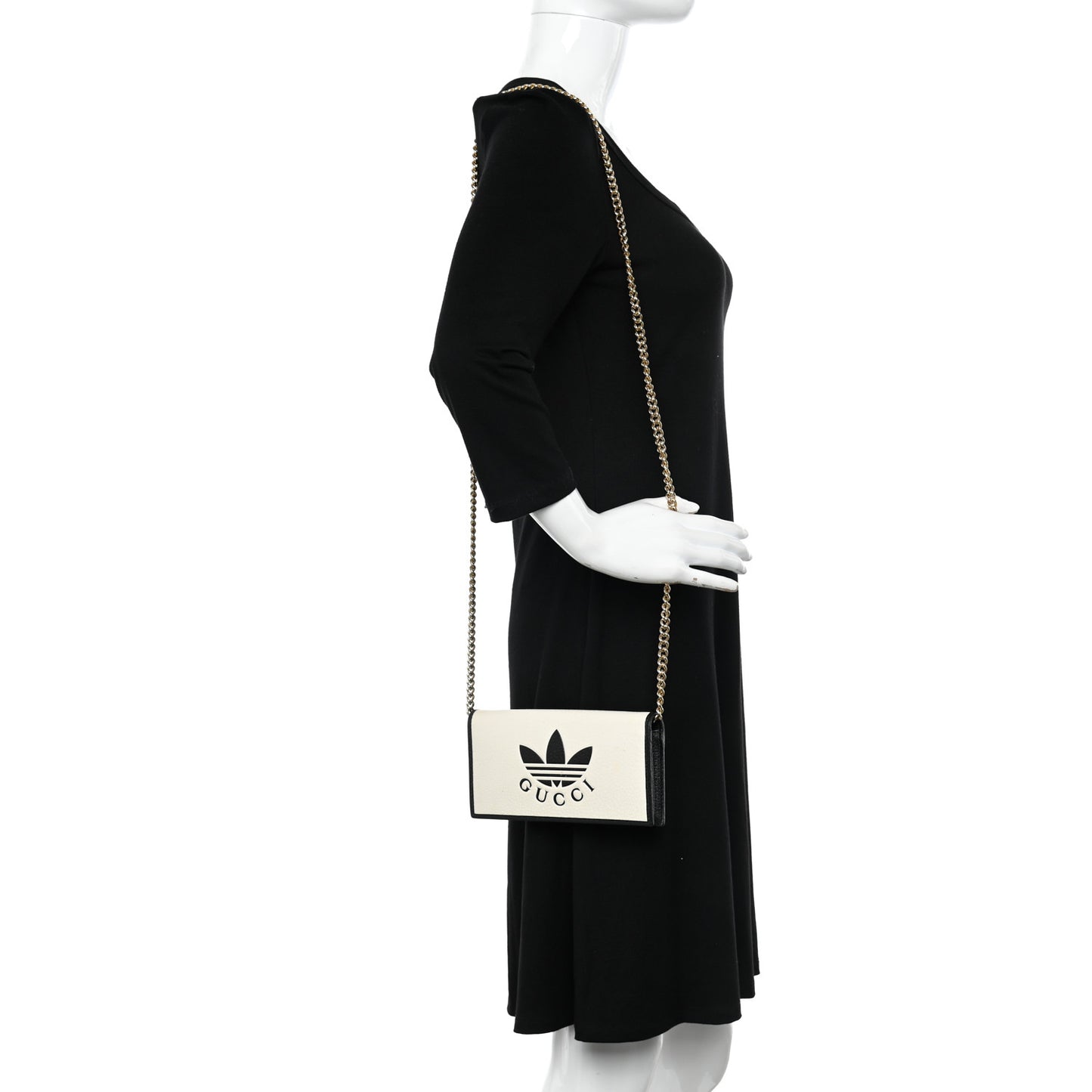 X ADIDAS Textured Dollar Calfskin Trefoil Embossed Wallet On Chain Off White Black