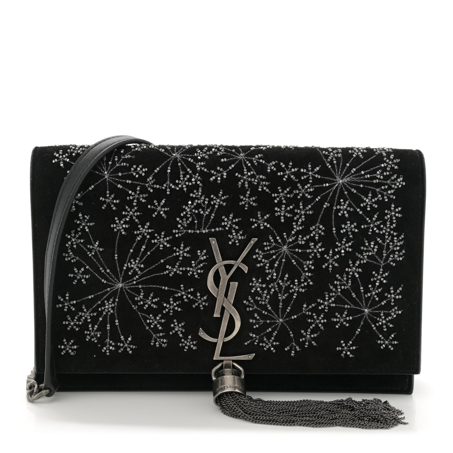 Suede Bead Embellished Classic Monogram Kate Tassel Chain Wallet Black