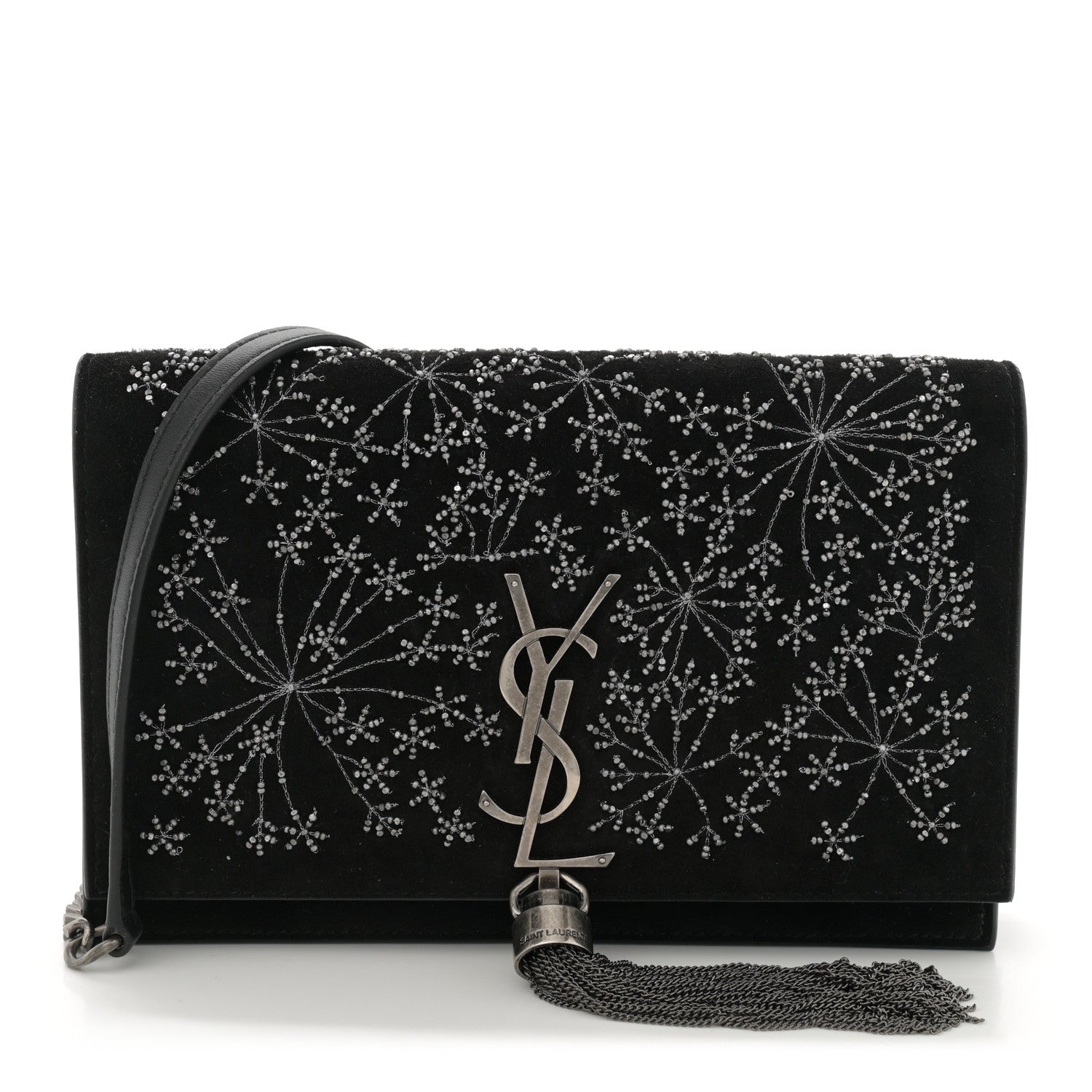 Saint Laurent Suede Bead Embellished Classic Monogram Kate Tassel Chain Wallet Black 1 of 11