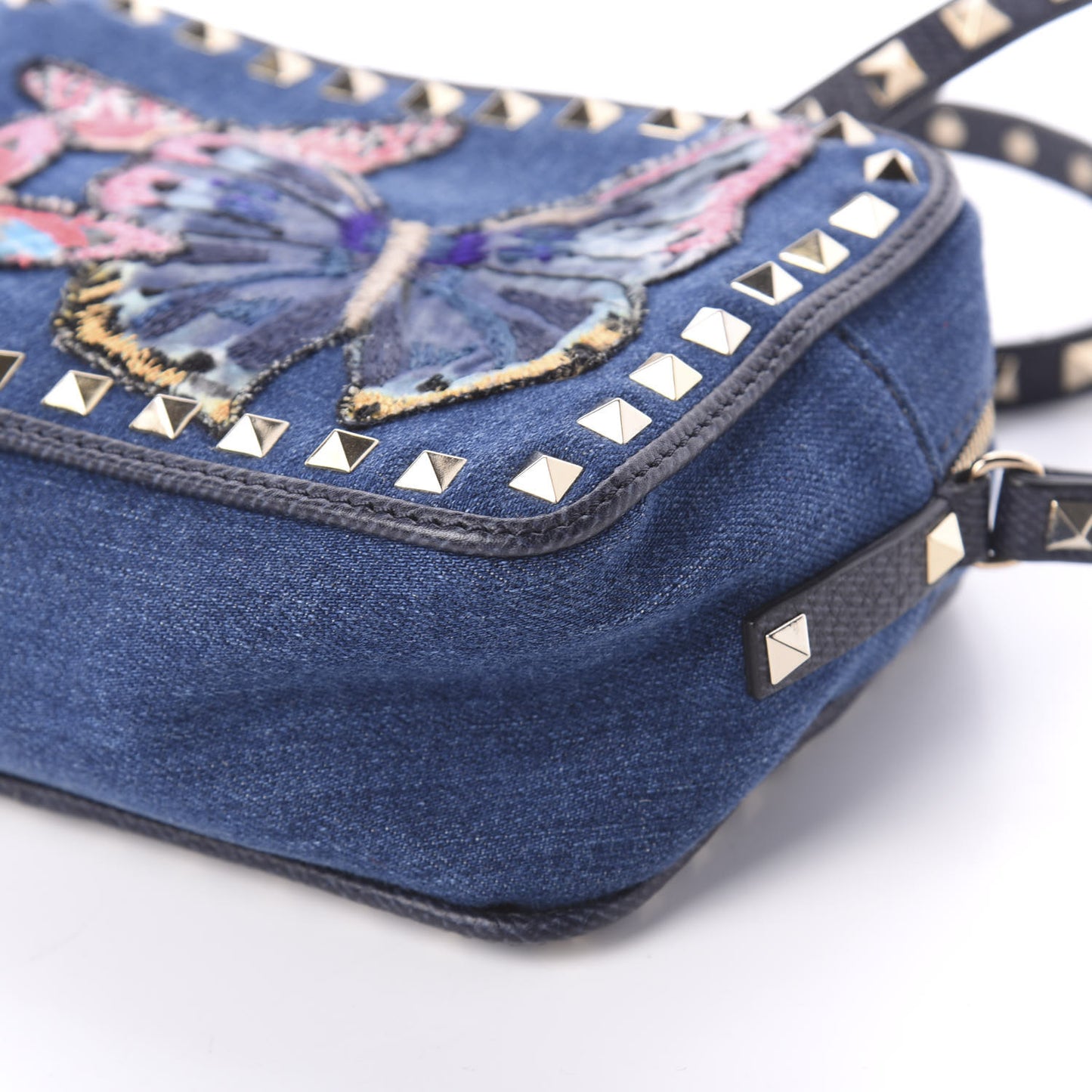 Denim Butterfly Embroidered Rockstud Camera Crossbody Bag Light Denim Multicolor