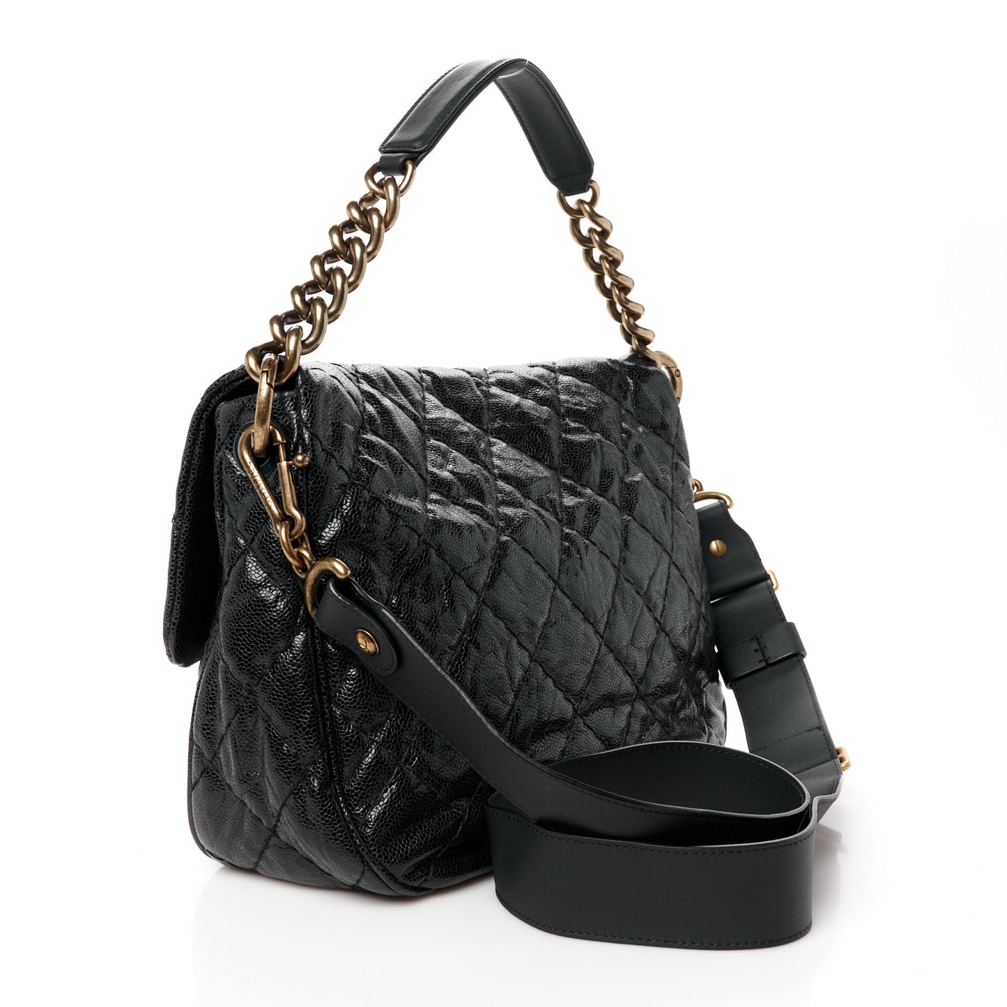 Crumpled Grained Calfskin Medium Coco Pleats Messenger Flap Black