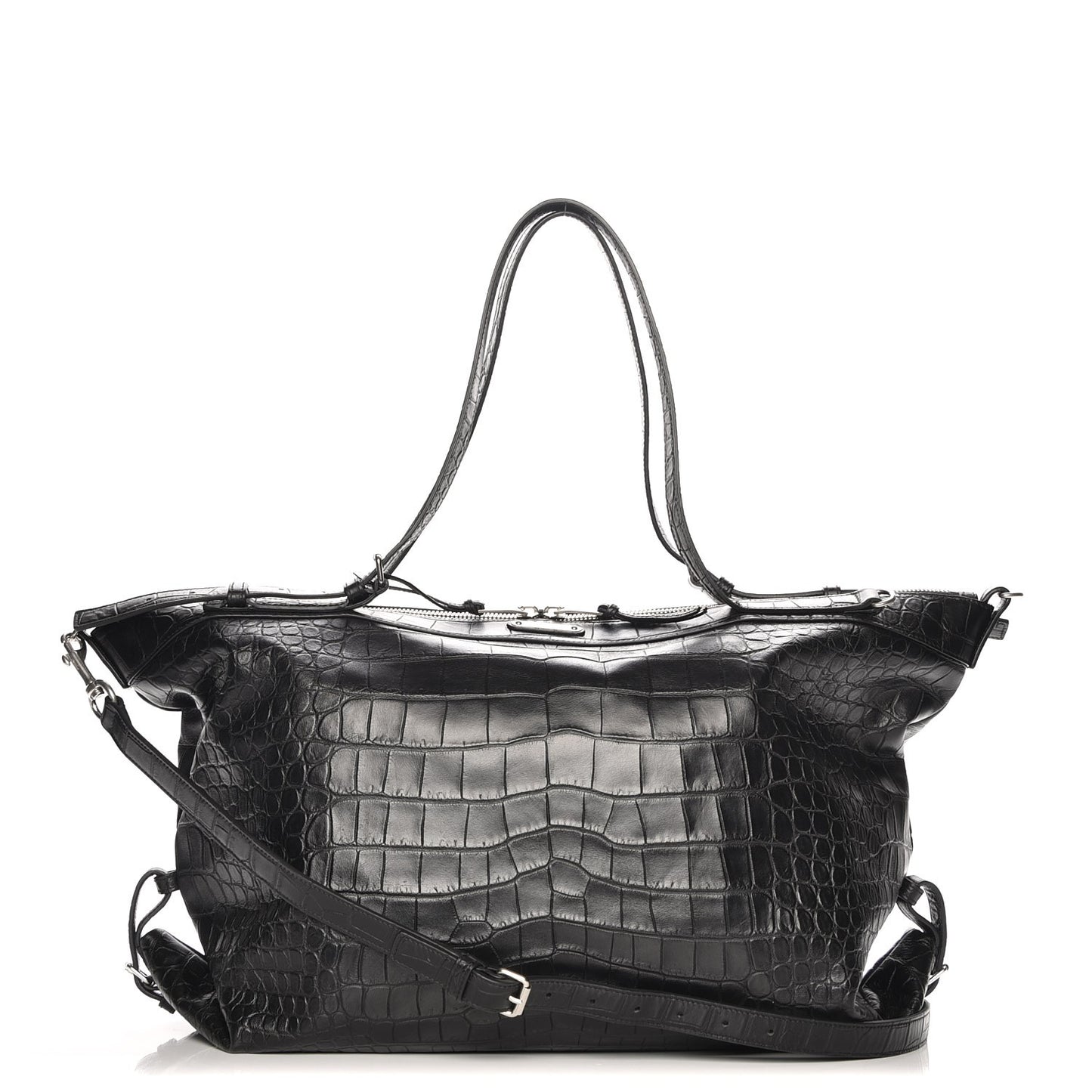 Calfskin Crocodile Embossed Large Convertible ID Bag Black