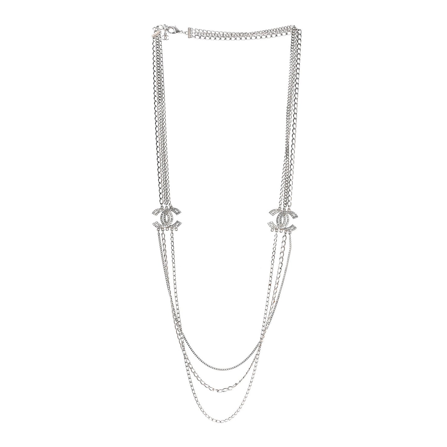 Crystal CC Multi Strand Long Chain Necklace Silver