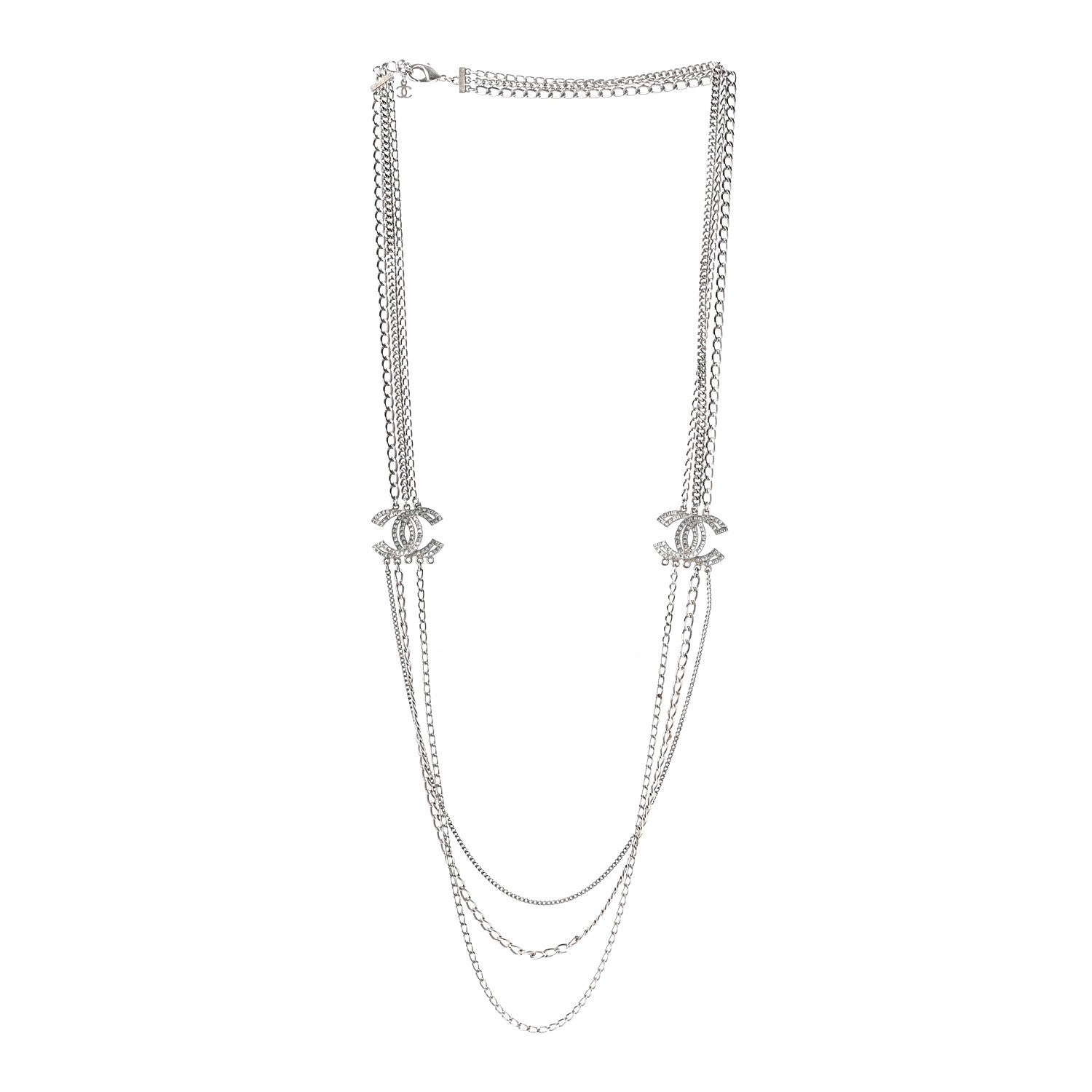 Chanel Crystal CC Multi Strand Long Chain Necklace Silver 3 of 4