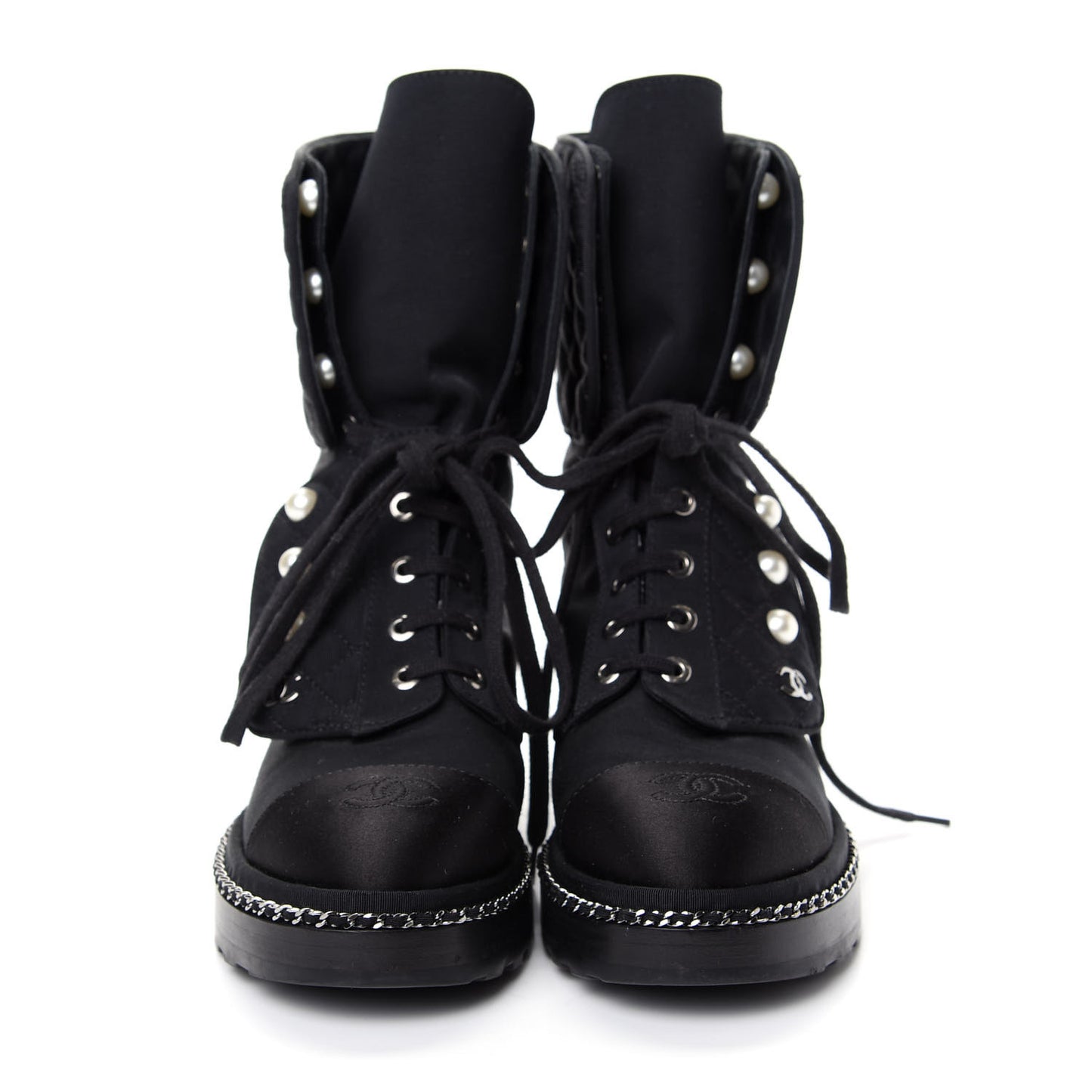 Grosgrain Pearl Chain CC Combat Short Boots 36 Black