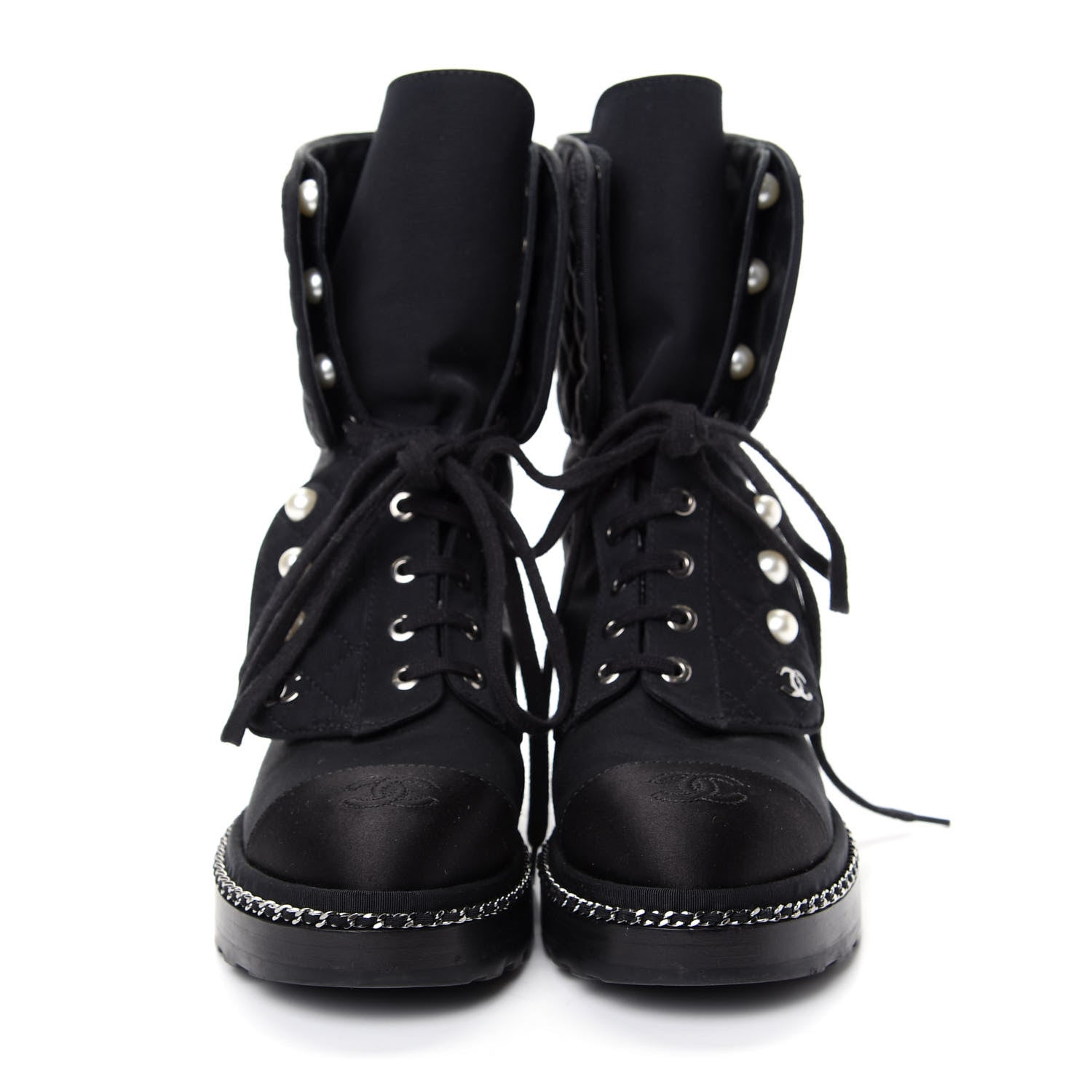 Chanel Grosgrain Pearl Chain CC Combat Short Boots 36 Black 2 of 10