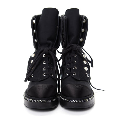 Chanel Grosgrain Pearl Chain CC Combat Short Boots 36 Black 2 of 10