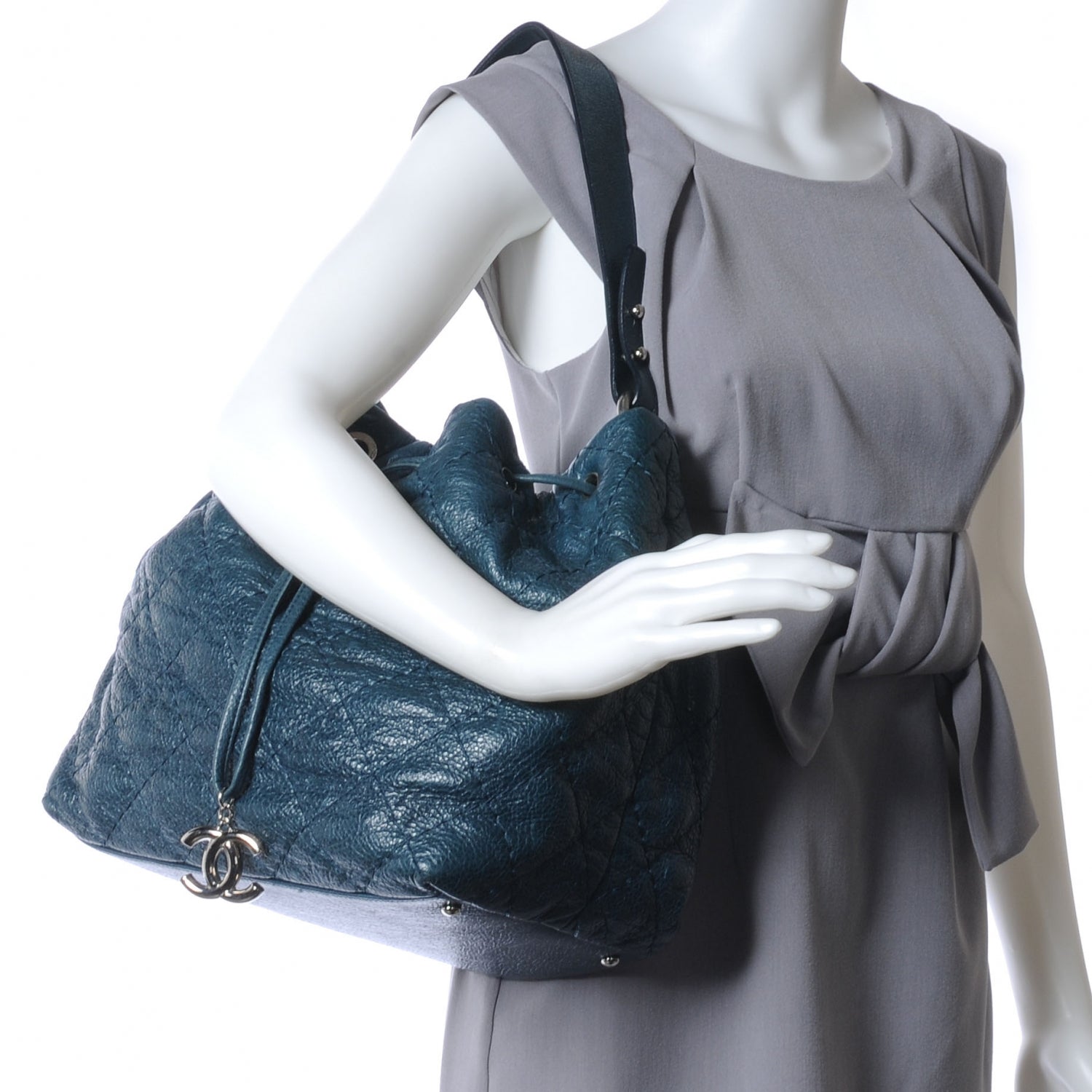 Chanel Glazed Calfskin On The Road Drawstring Tote Teal 2 of 7