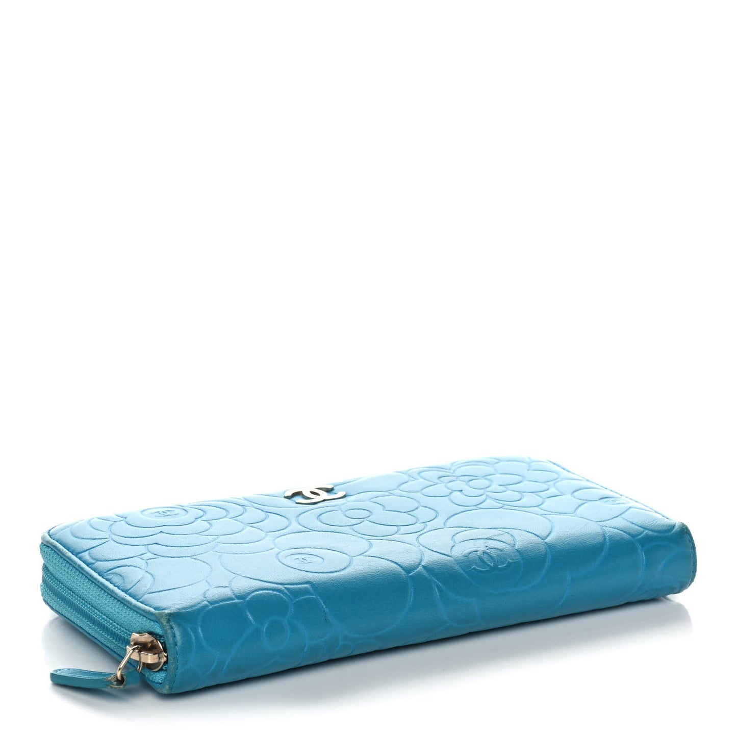 Lambskin Camellia Embossed Large Gusset Zip Around Wallet Blue