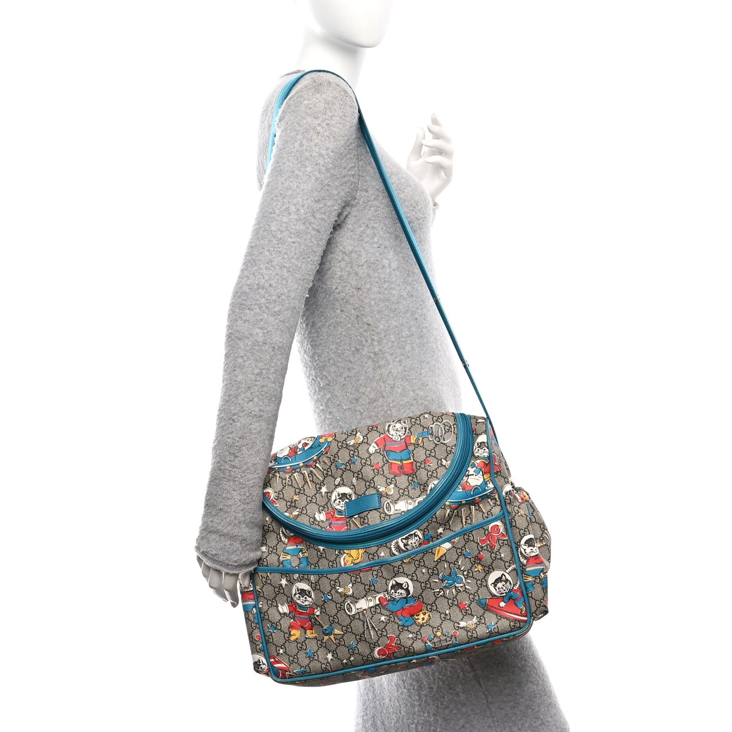 GG Supreme Monogram Space Cats Diaper Bag Turquoise