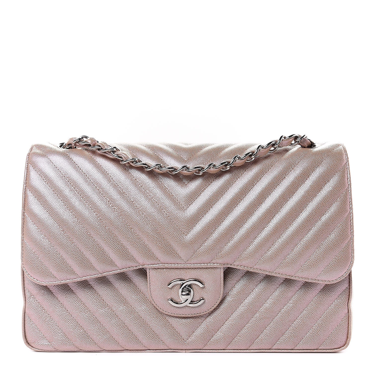 Chanel Metallic Caviar Chevron Quilted Jumbo Double Flap Light Gold 1 of 10