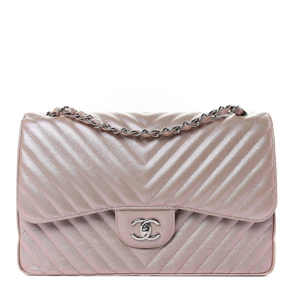 Chanel Metallic Caviar Chevron Quilted Jumbo Double Flap Light Gold 1 of 10