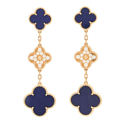 Van Cleef & Arpels 18K Yellow Gold Diamond Blue Sevres Porcelain 3 Motifs Vintage Alhambra Vendome Earrings 1 of 5