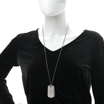 Chanel Metal Crystal Ruthenium Dog Tag Charm Necklace Silver 2 of 5