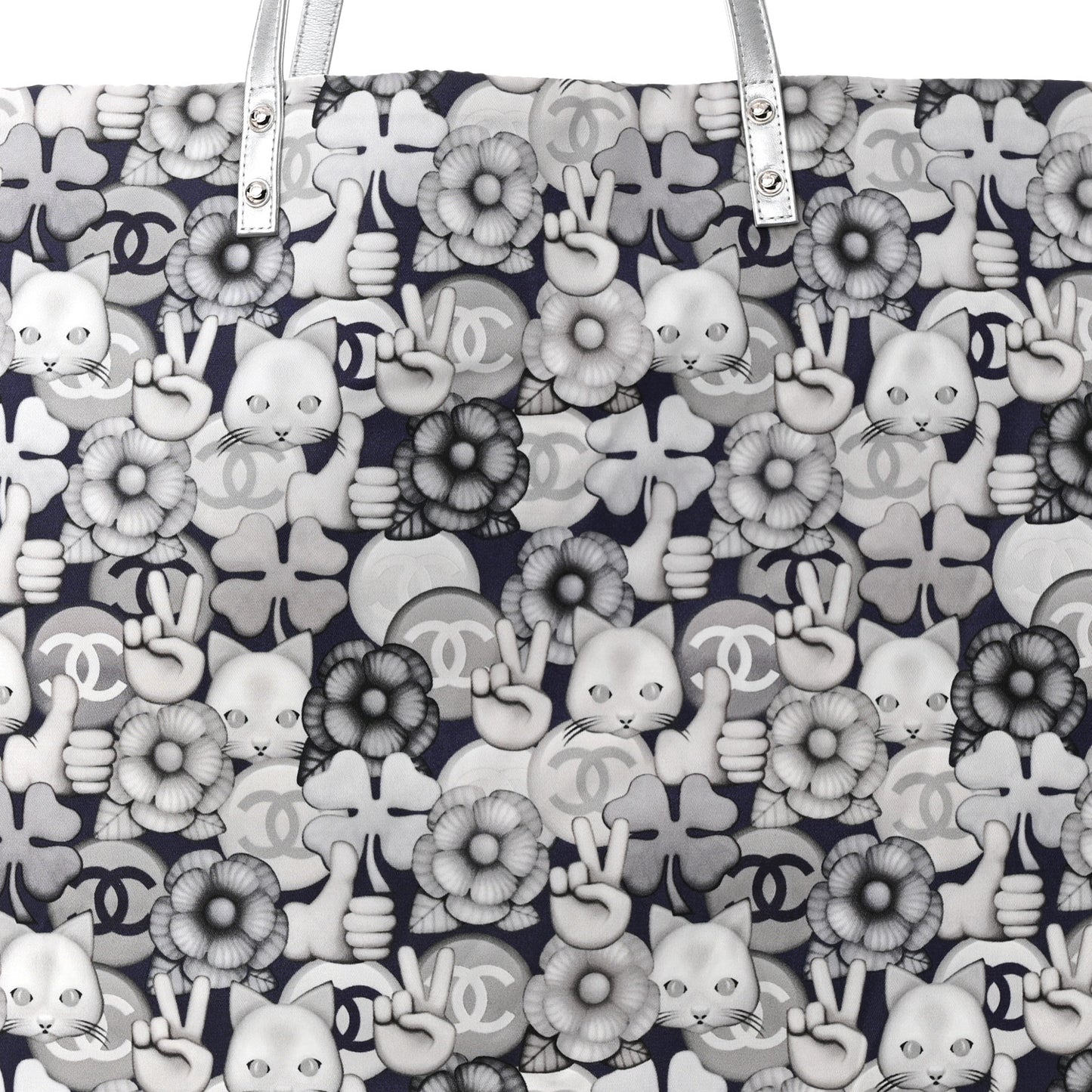 Nylon Cat Emoticon Tote Navy Silver