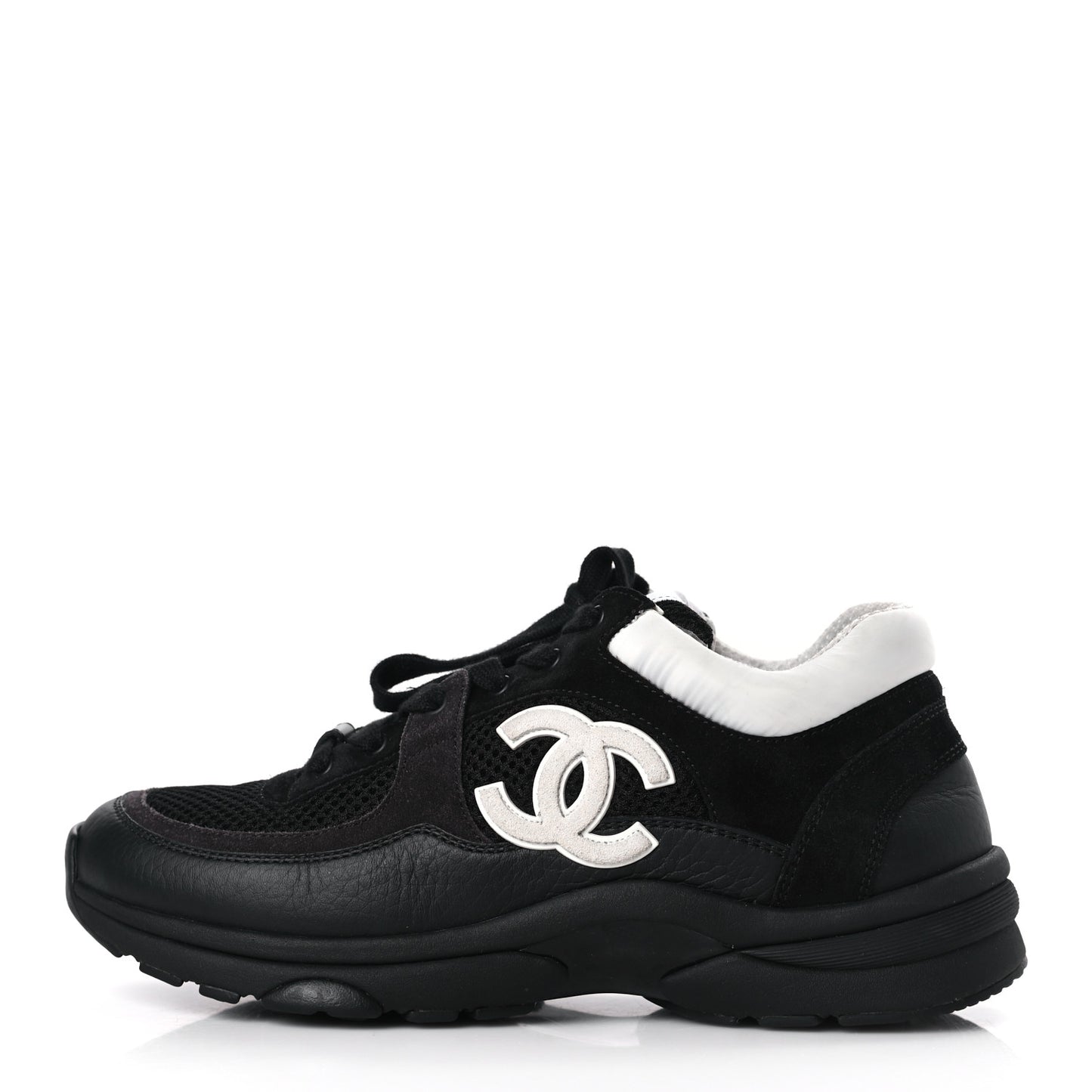Mesh Suede Grained Calfskin Womens CC Sneakers 37.5 Black White