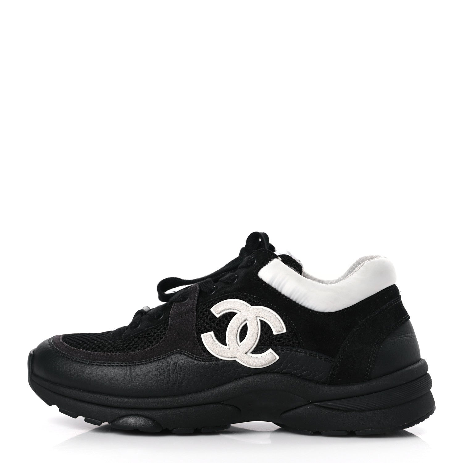 Chanel Mesh Suede Grained Calfskin Womens CC Sneakers 37.5 Black White 1 of 7