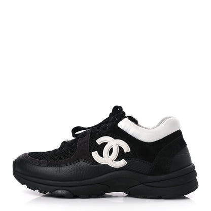 Chanel Mesh Suede Grained Calfskin Womens CC Sneakers 37.5 Black White 1 of 7