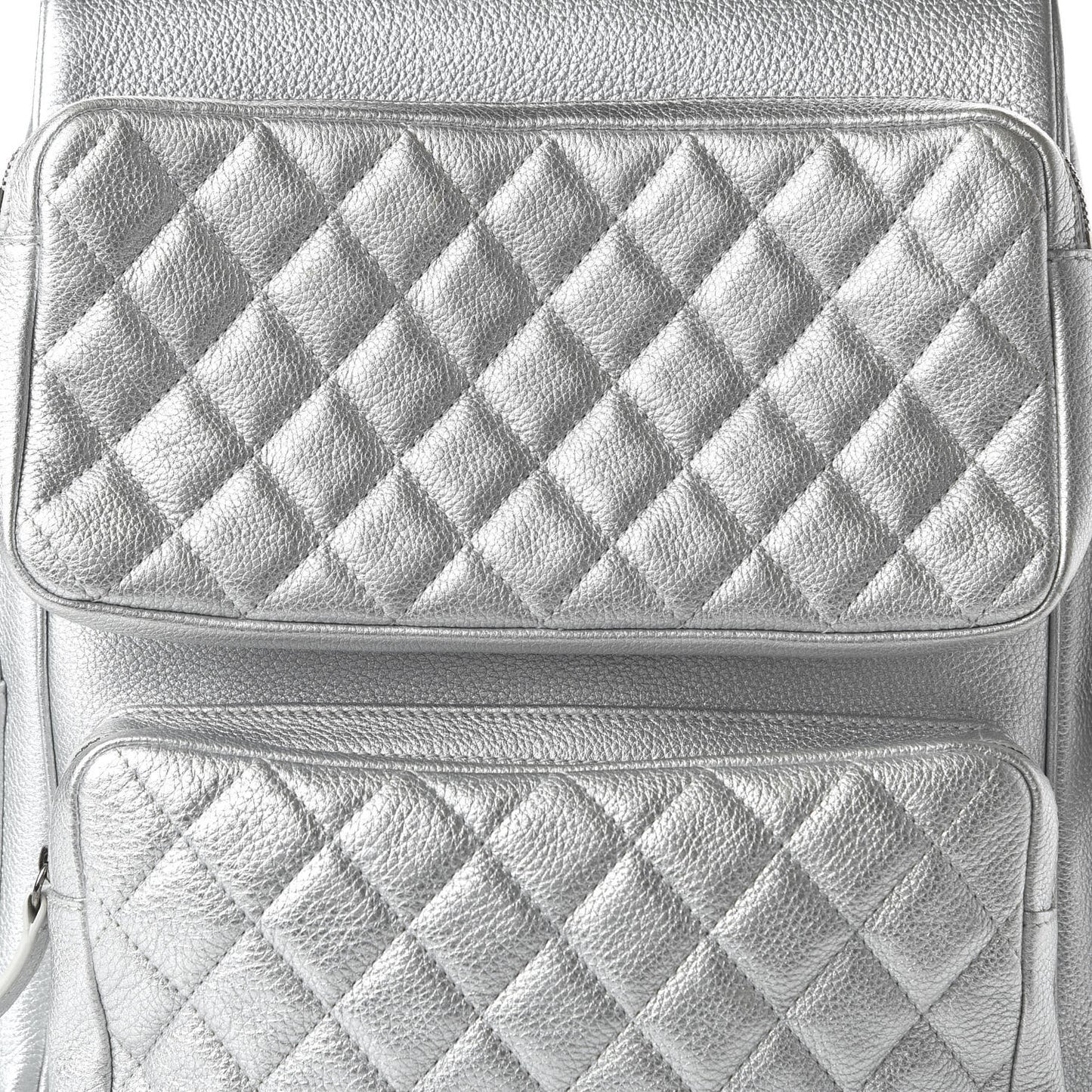 Metallic Grained Calfskin Quilted Large Casual Rock Backpack Silver