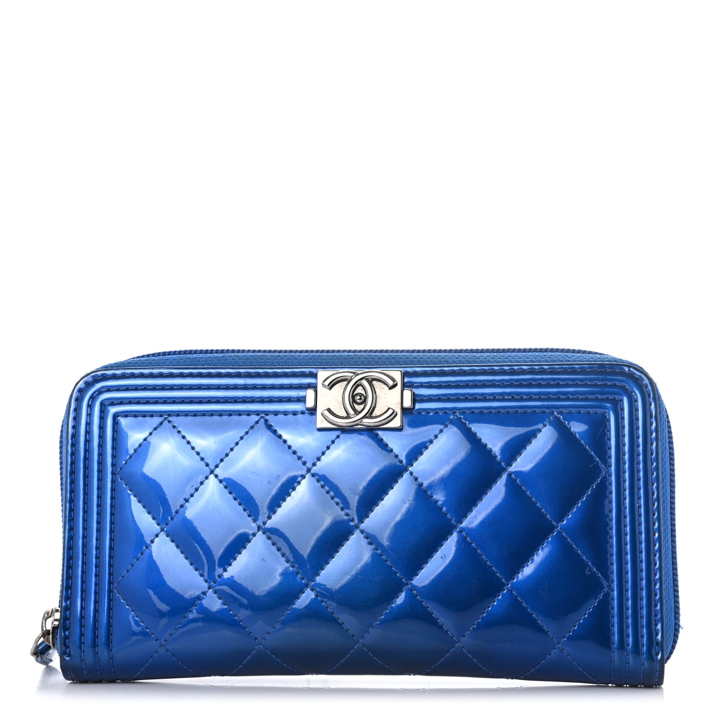 Metallic Patent Calfskin Quilted Boy L-Gusset Zip Wallet Blue