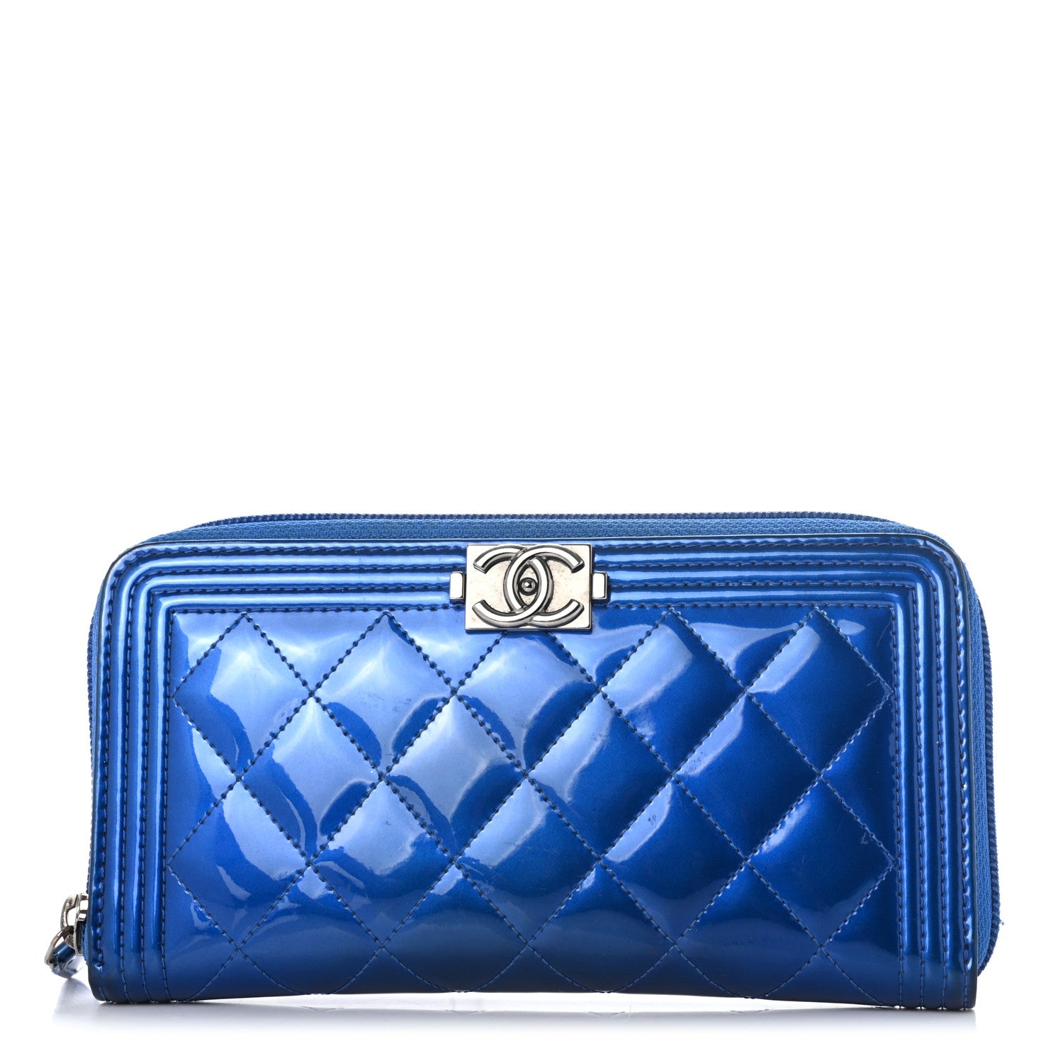 Chanel Metallic Patent Calfskin Quilted Boy L-Gusset Zip Wallet Blue 1 of 10