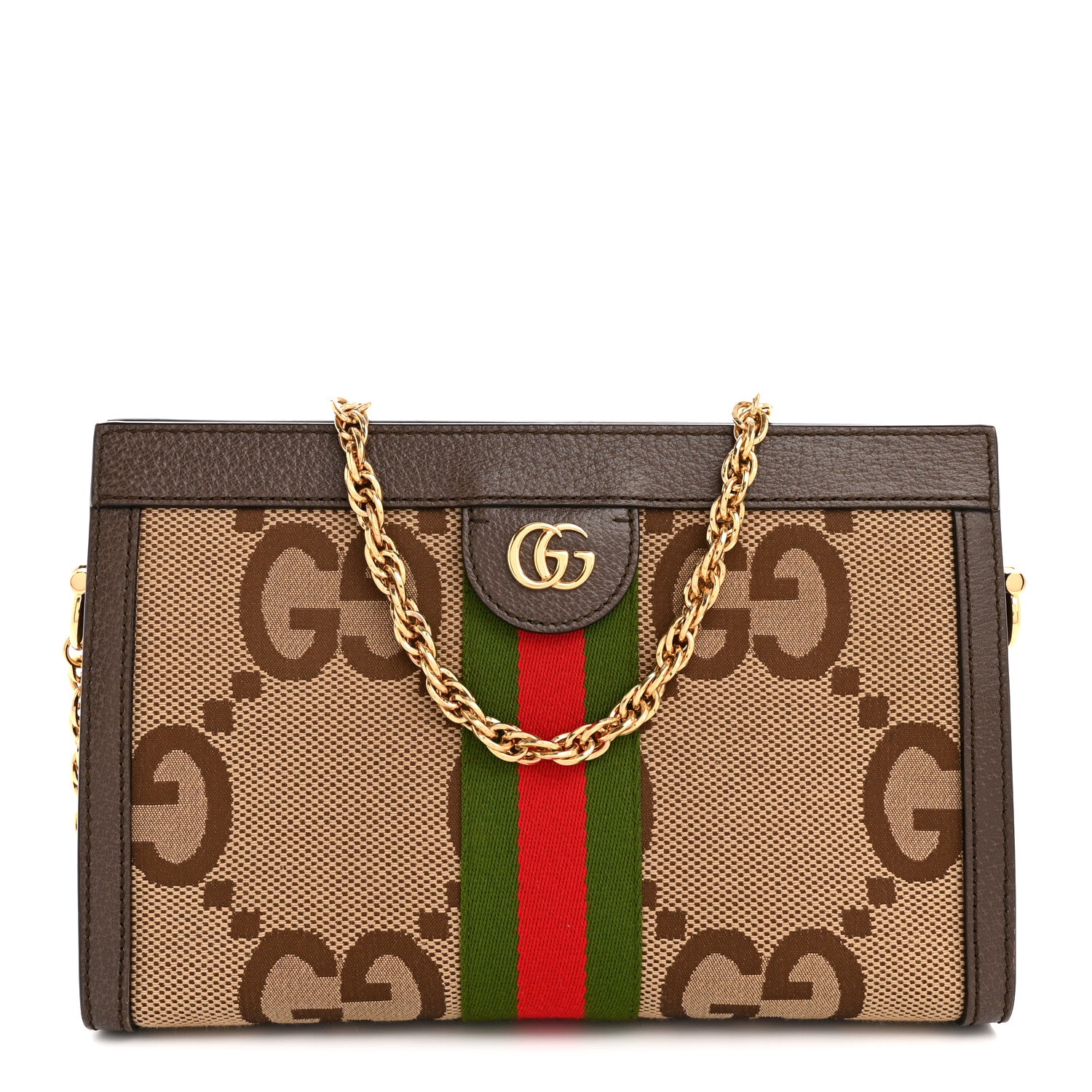 Gucci Monogram Jumbo GG Textured Dollar Calfskin Web Small Ophidia Chain Shoulder Bag Camel Ebony New Acero 1 of 12
