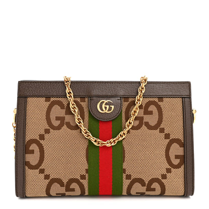Gucci Monogram Jumbo GG Textured Dollar Calfskin Web Small Ophidia Chain Shoulder Bag Camel Ebony New Acero 1 of 12