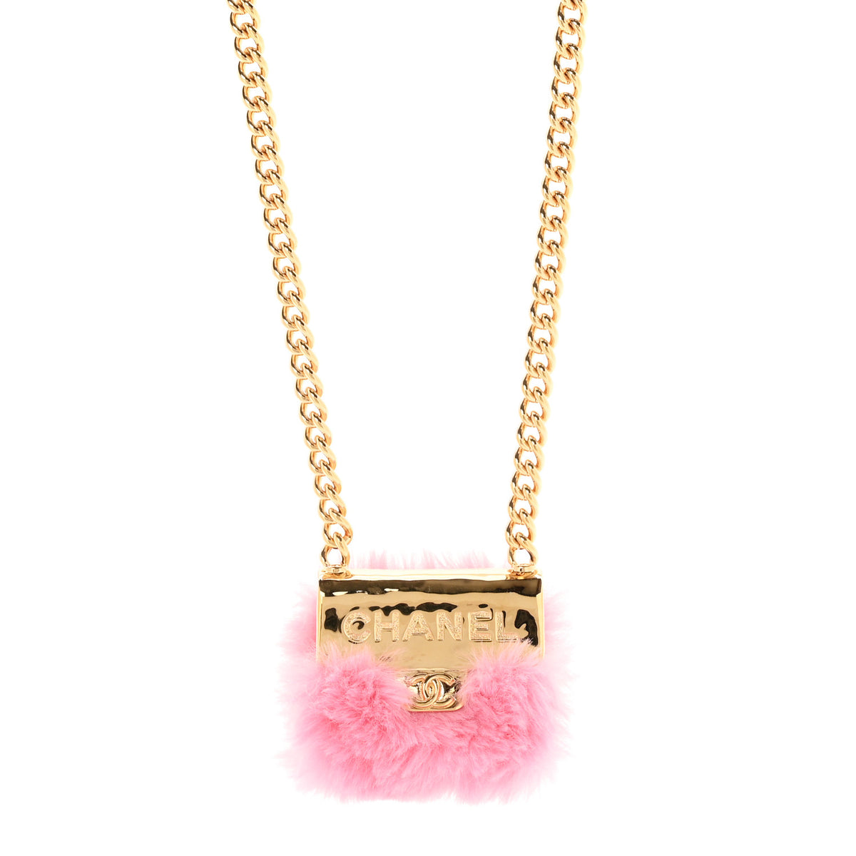 Chanel Metal Fur Flap Bag Long Necklace Gold Pink 1 of 6