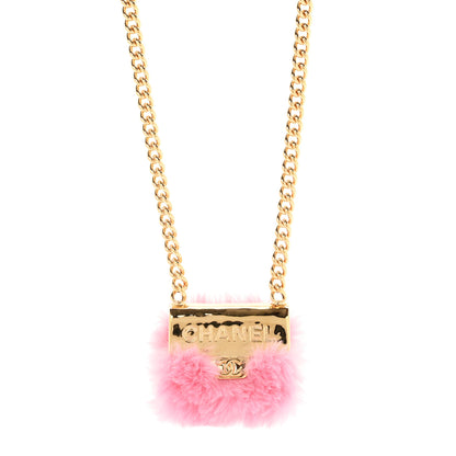 Chanel Metal Fur Flap Bag Long Necklace Gold Pink 1 of 6