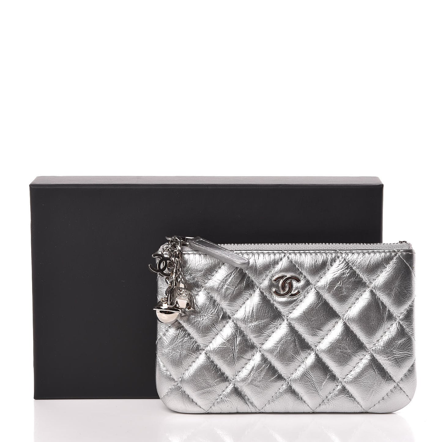 Metallic Calfskin Quilted Small Cosmo Cosmetic Case Silver