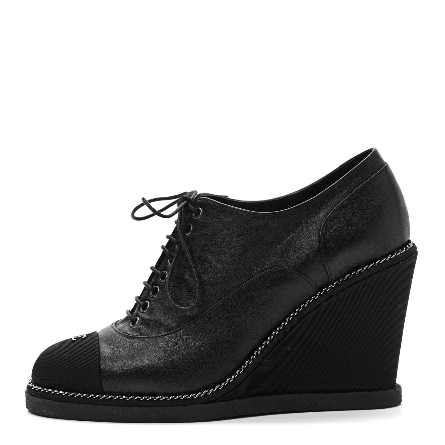 Metallic Lambskin Grosgrain Cap Toe Lace Up Wedge Booties 37 Black