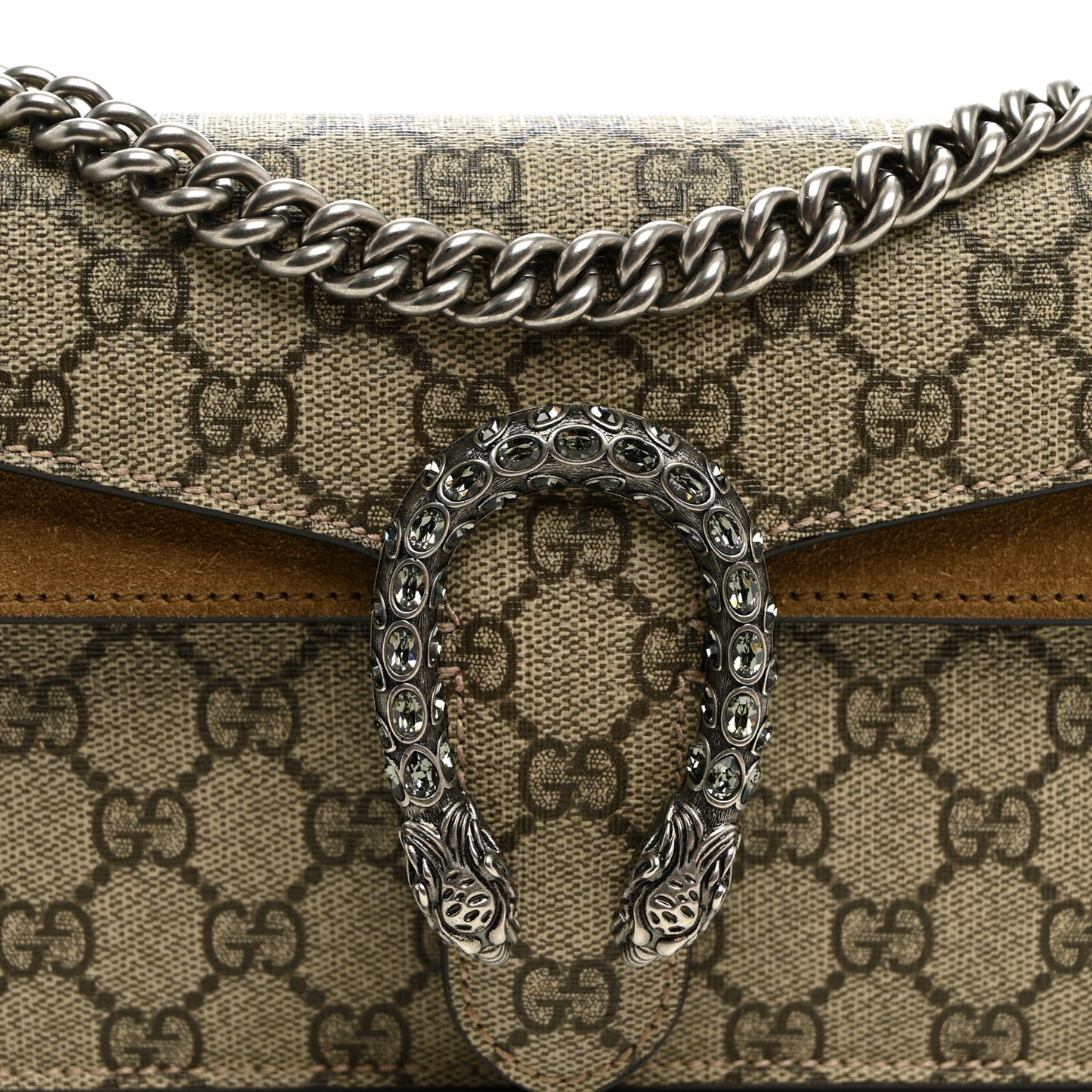 GG Supreme Monogram Suede Crystal Small Dionysus Shoulder Bag Beige Ebony Taupe