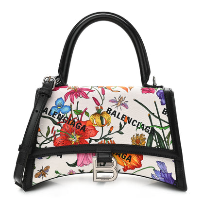Balenciaga X GUCCI Canvas Boarded Plutone Calfskin Flora Logo Print Small Hourglass Top Handle Bag White Multicolor Black 1 of 10