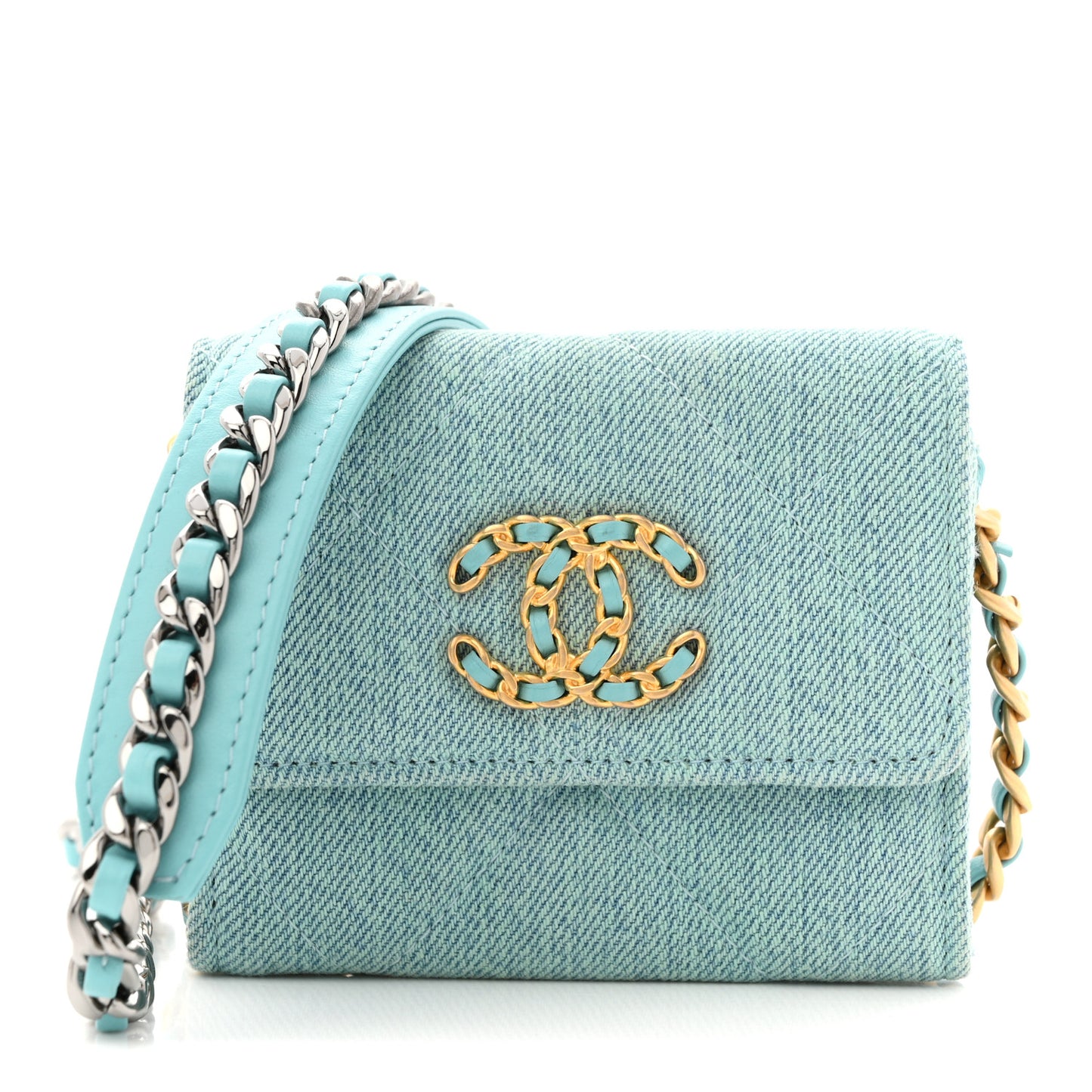 Denim Quilted Chanel 19 Flap Card Holder With Chain Light Blue