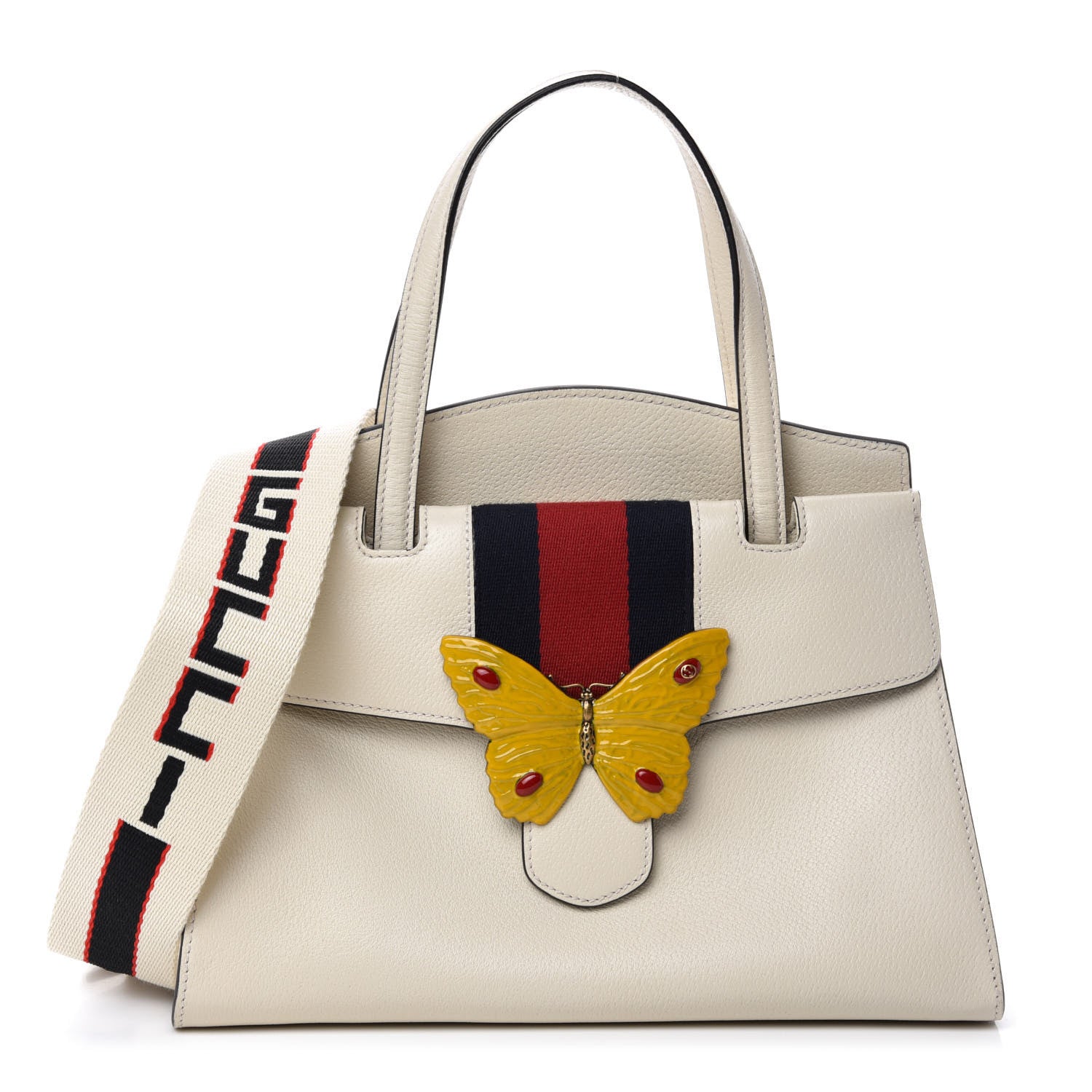 Gucci Grained Calfskin Web Stripe Butterfly Medium Totem Top Handle Bag White 1 of 10