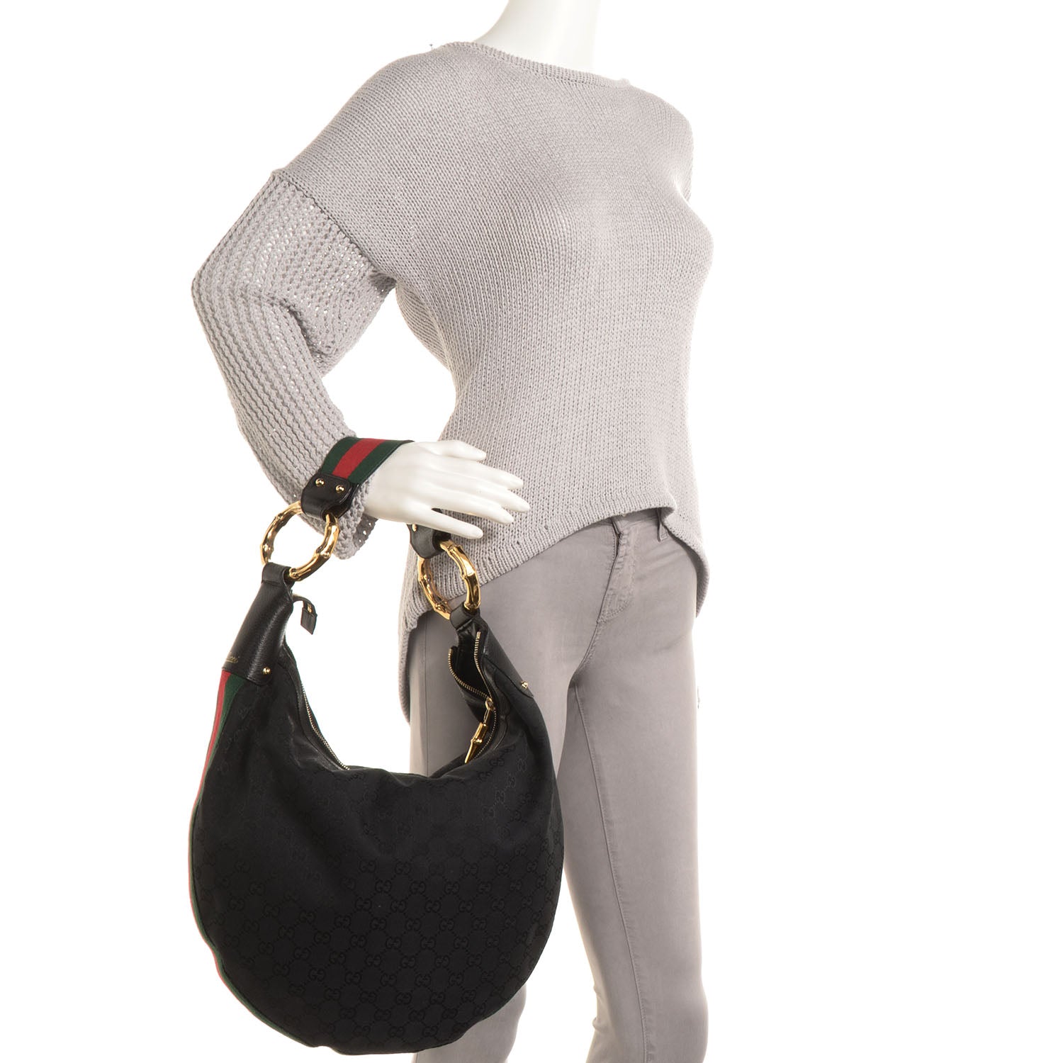 Gucci Monogram Web Bamboo Ring Hobo Black 2 of 7