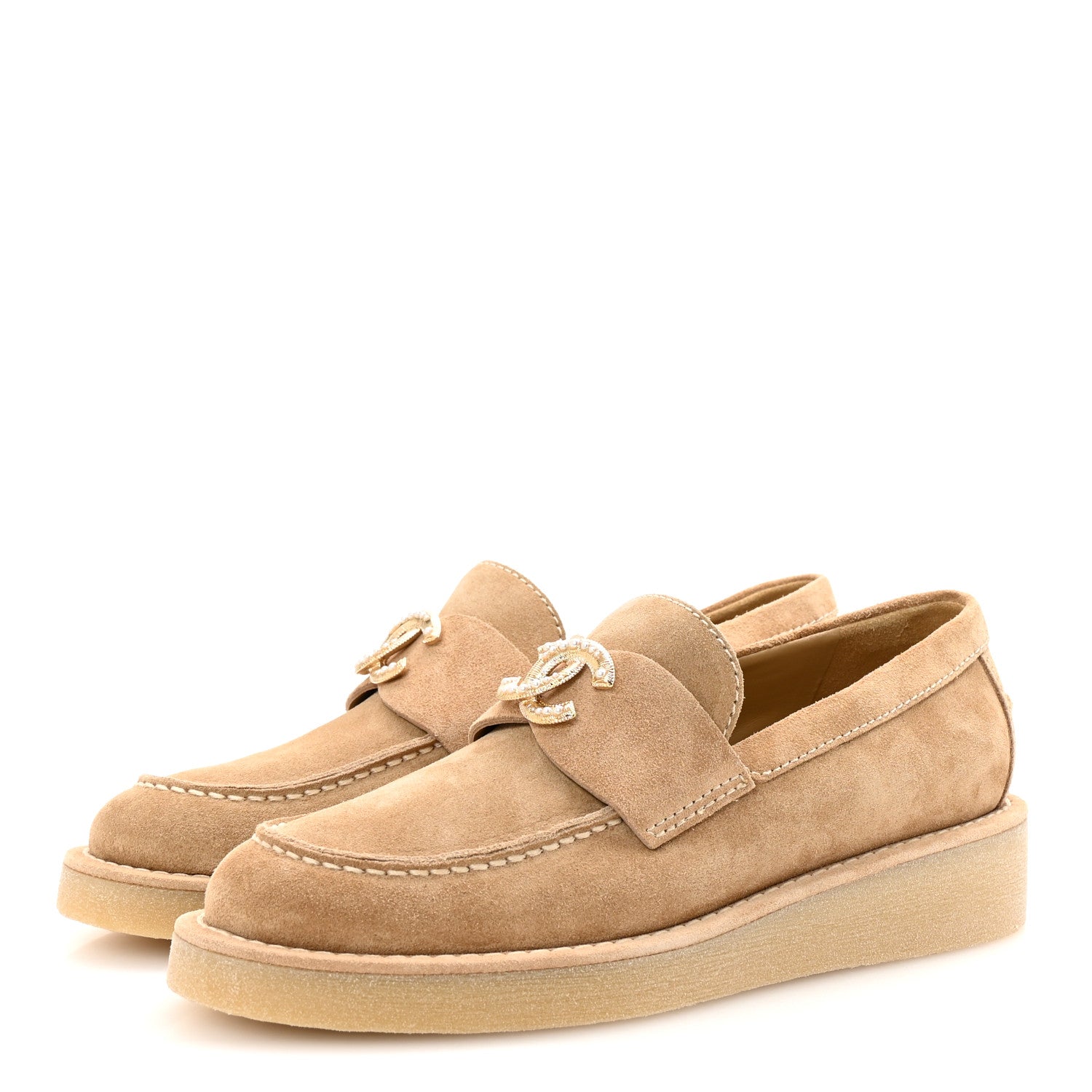 Chanel Suede Calfskin Pearl CC Moccasin Loafers 36.5 Dark Beige 4 of 10