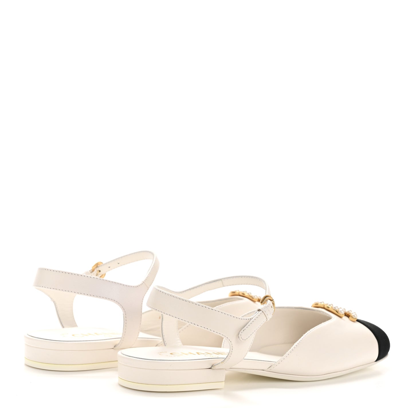 Lambskin Grosgrain Cap Toe Pearl CC Mary Jane Slingback Flats 38 Black White