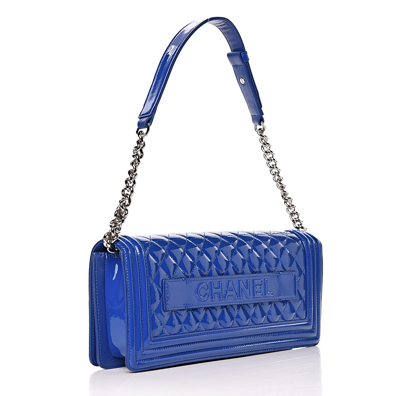 Chanel Patent Calfskin Quilted Plexiglass Boy Clutch With Removable Chain Blue 3 of 14