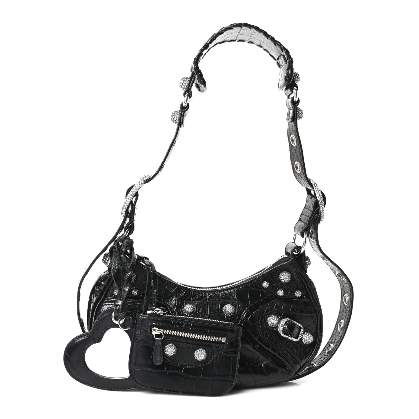 Extra Supple Calfskin Crystal Crocodile Embossed Le Cagole Shoulder Bag XS Black