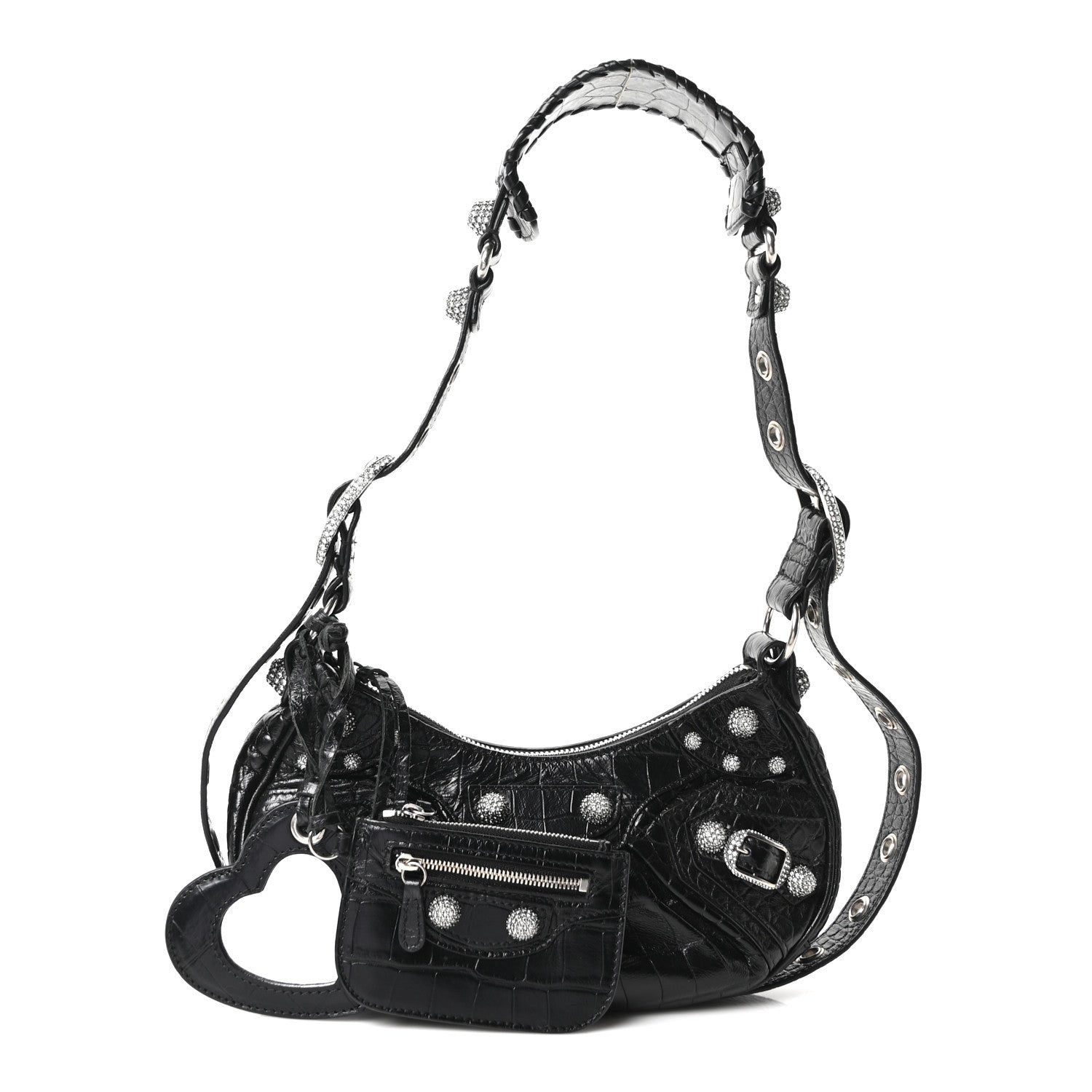 Balenciaga Extra Supple Calfskin Crystal Crocodile Embossed Le Cagole Shoulder Bag XS Black 3 of 11