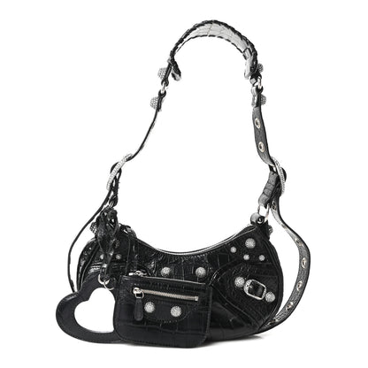Balenciaga Extra Supple Calfskin Crystal Crocodile Embossed Le Cagole Shoulder Bag XS Black 3 of 11