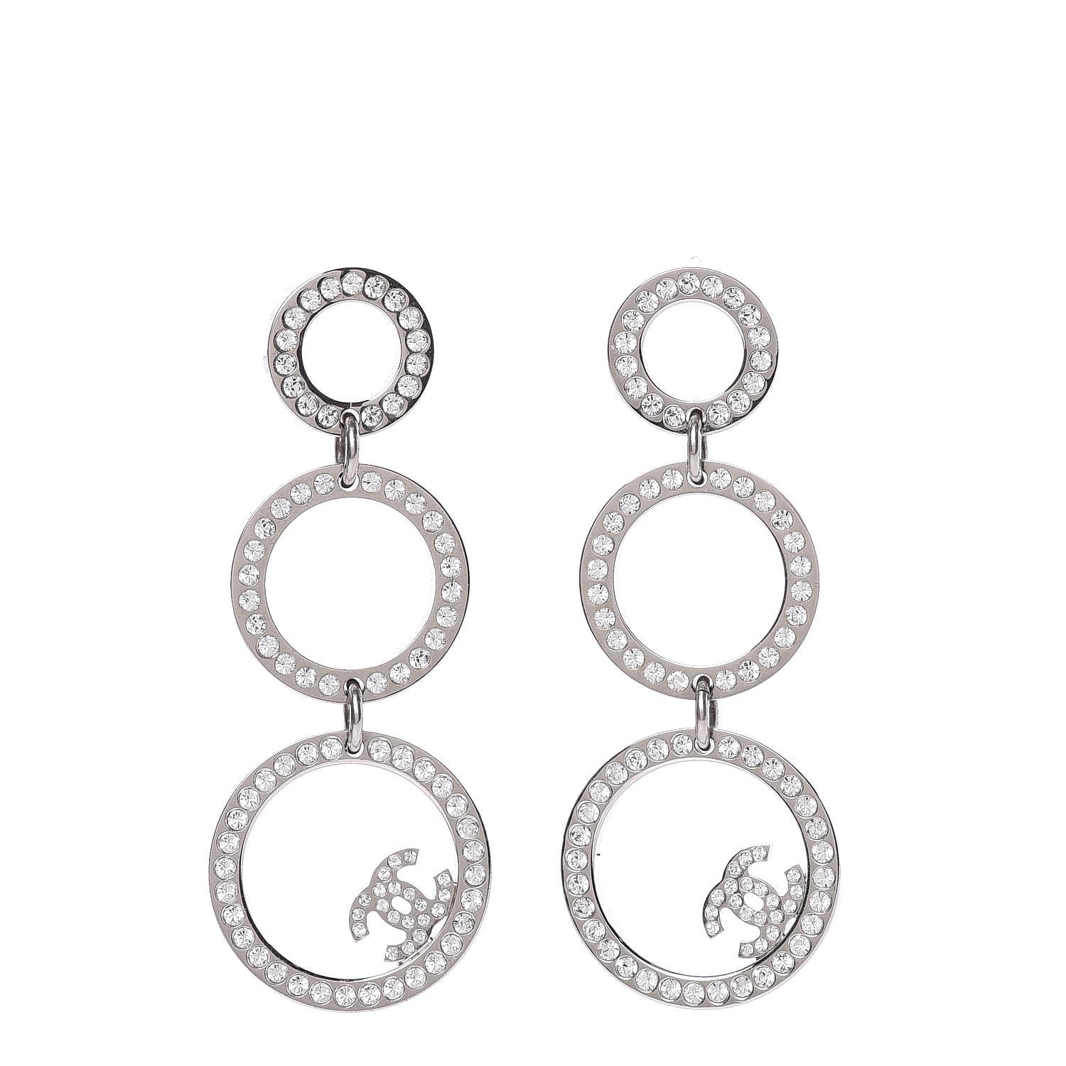 Chanel Crystal CC Triple Drop Earrings Silver 1 of 5