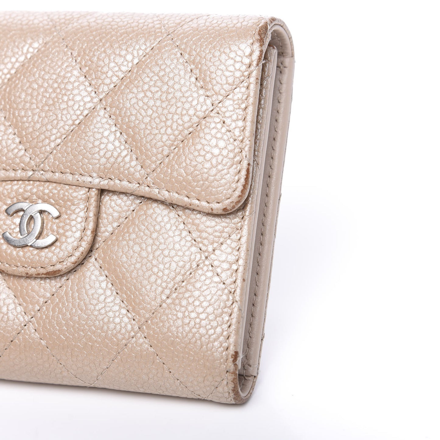 Iridescent Caviar Quilted Flap Card Holder Wallet Beige
