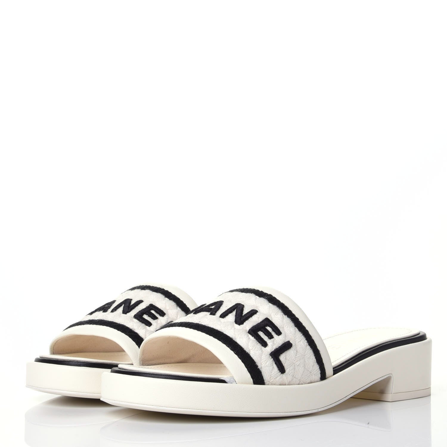 Chanel Lambskin Embroidered Logo Mules 36.5 Ivory Black 3 of 11