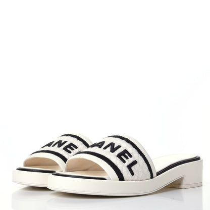 Chanel Lambskin Embroidered Logo Mules 36.5 Ivory Black 3 of 11