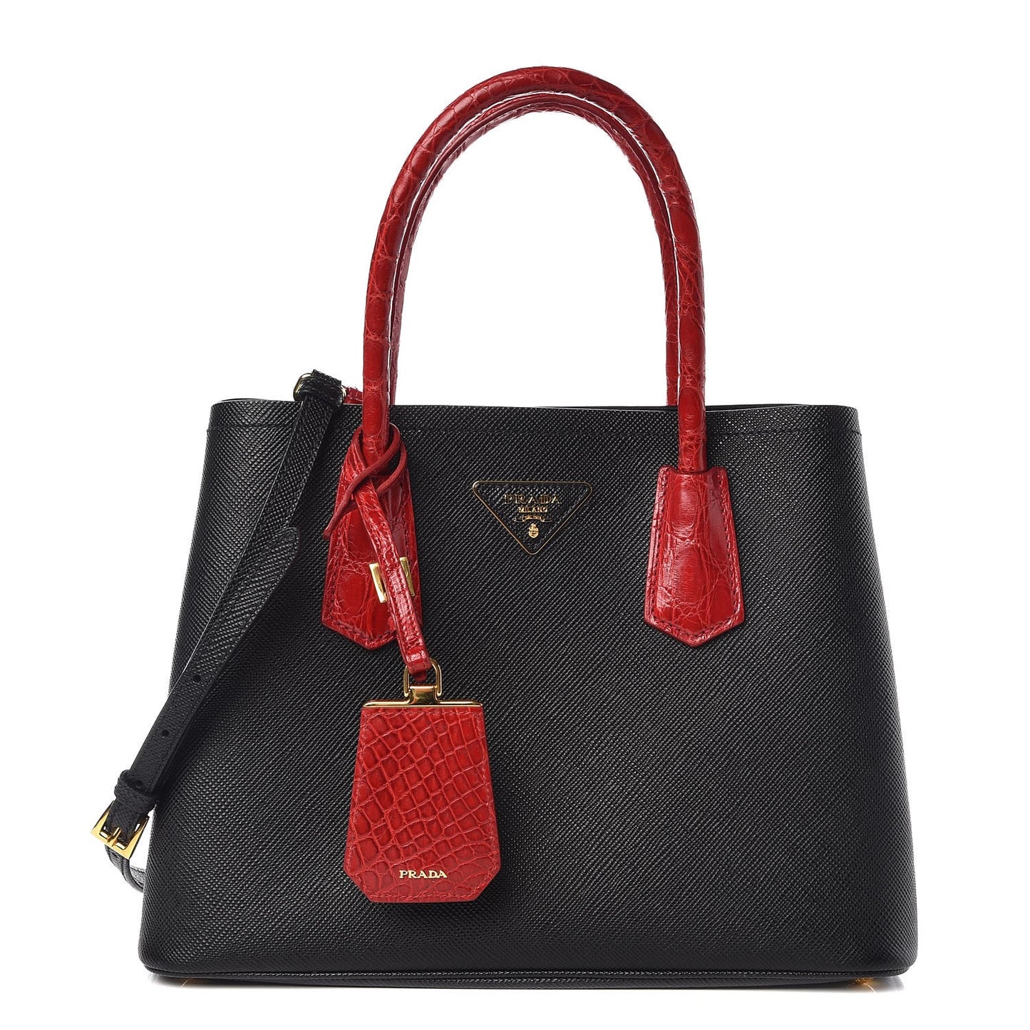 Saffiano Cuir Crocodile Small Double Bag Black Rosso