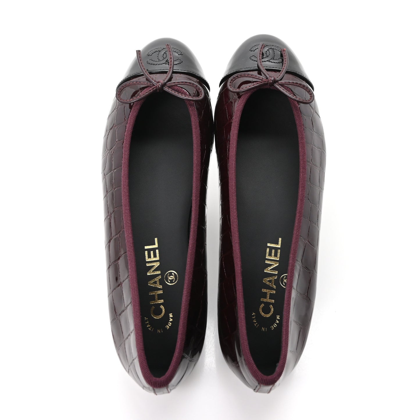 Patent Calfskin Crocodile Embossed Ballerina Flats 39 Dark Burgundy Black